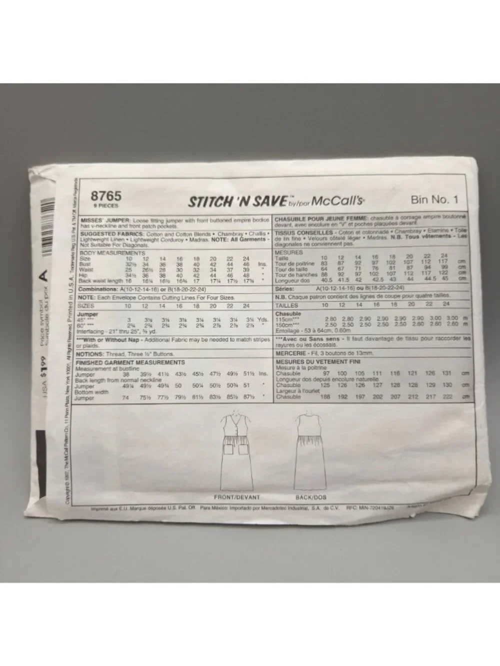 Easy Stitch N Save McCalls 8765 Sewing Pattern Misses Jumper Size 18-24 Uncut